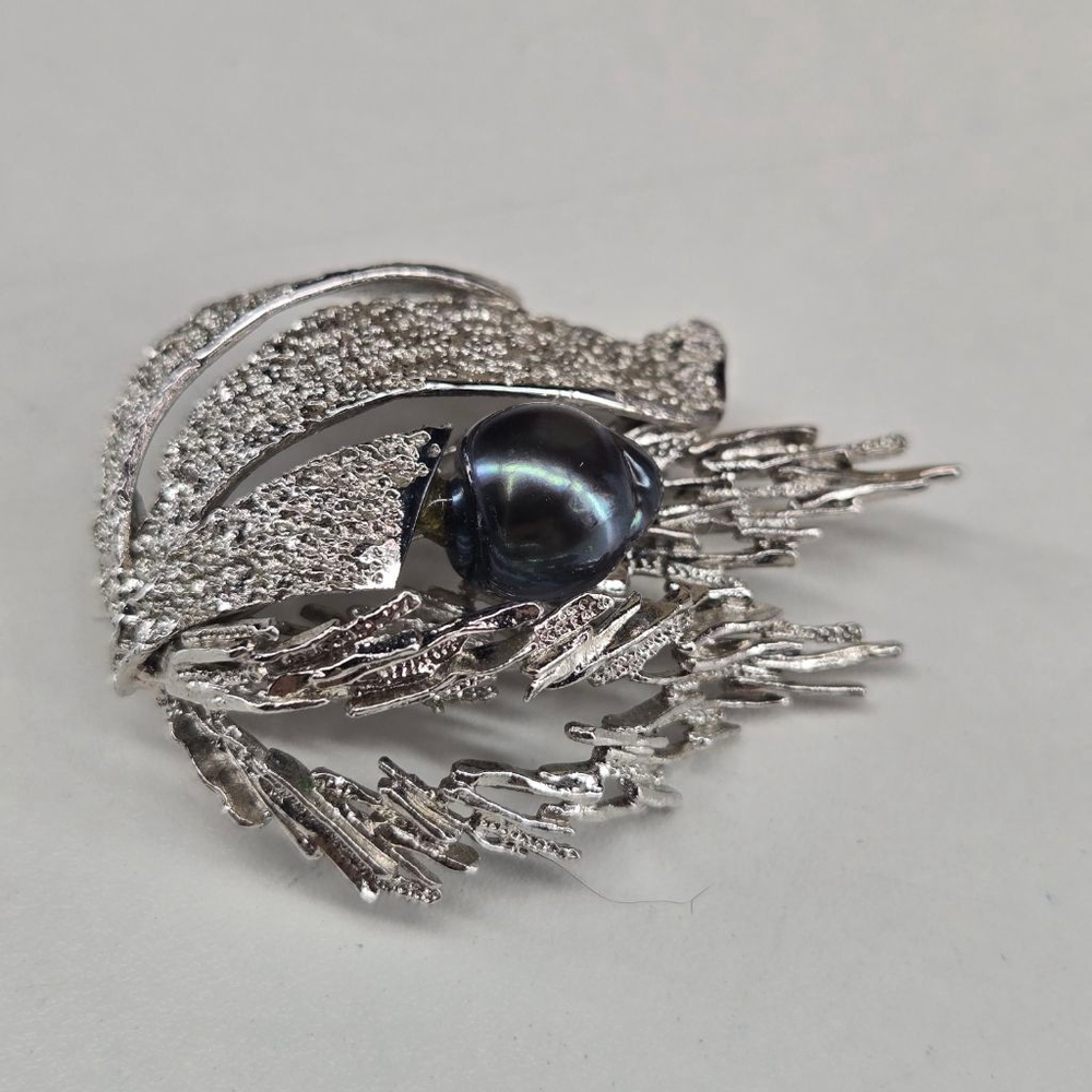 Vintage Nolan Miller Brooch Silver Black Pearl Clear Crystal Women's Pin